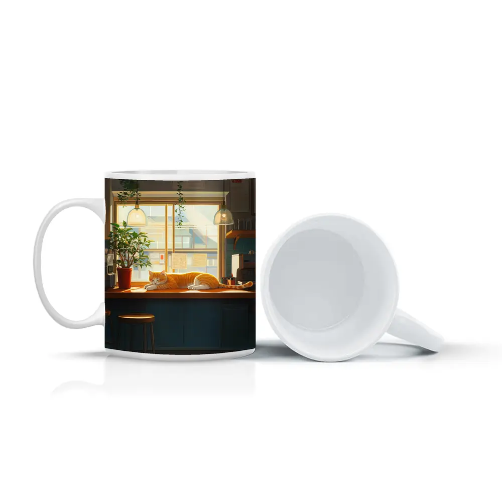 Orange Cat Sleeping on Cafe Counter – Mugs
