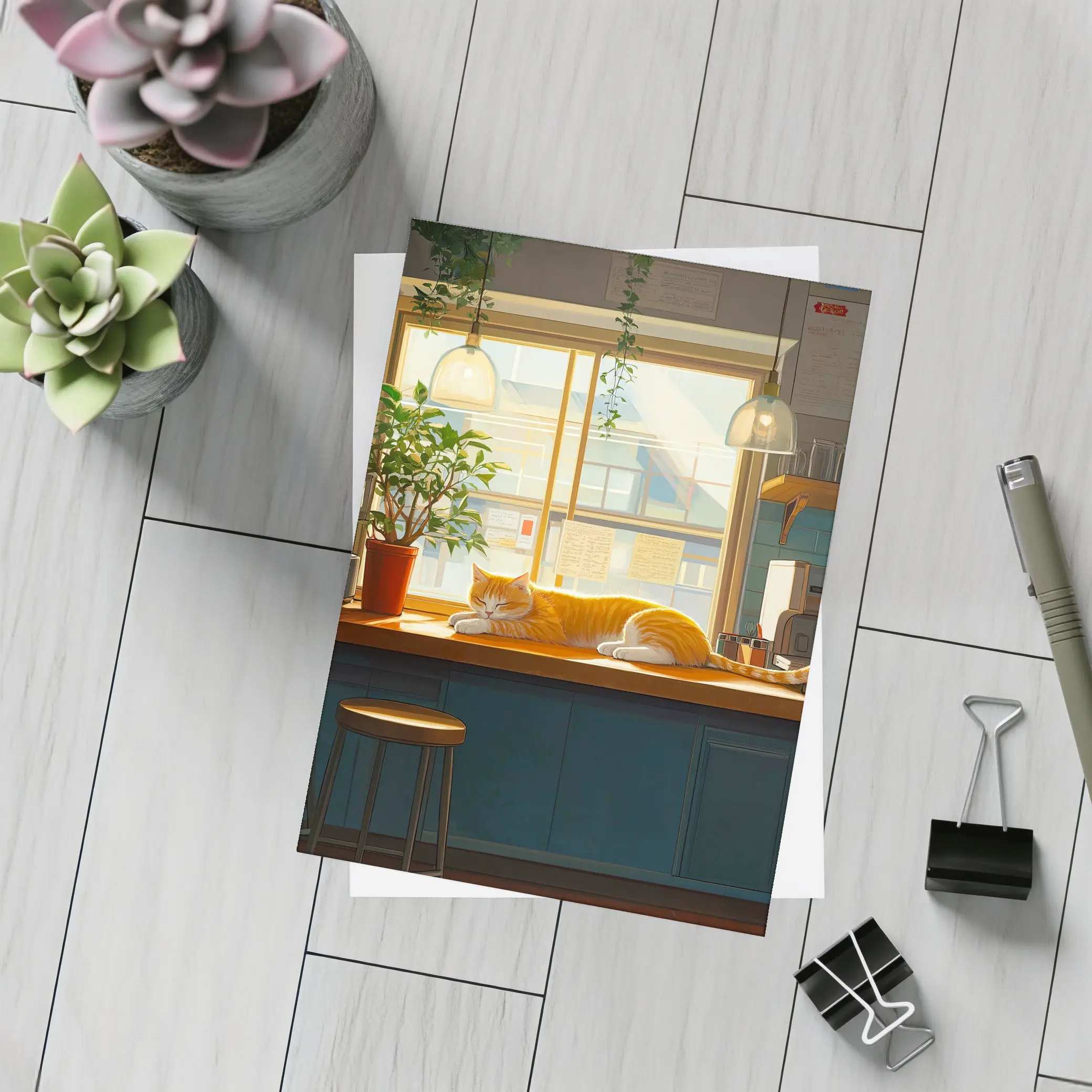 Orange Cat Sleeping on Cafe Counter – Postcards