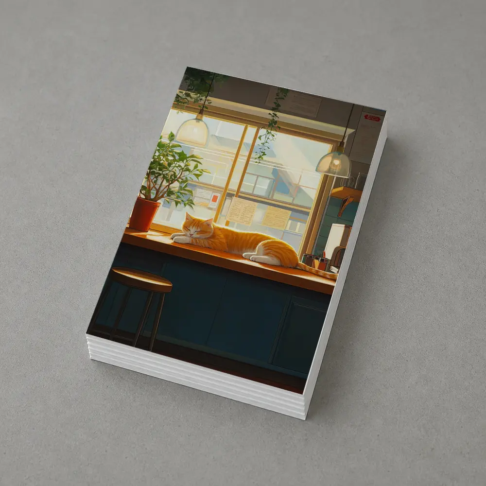 Orange Cat Sleeping on Cafe Counter – Postcards