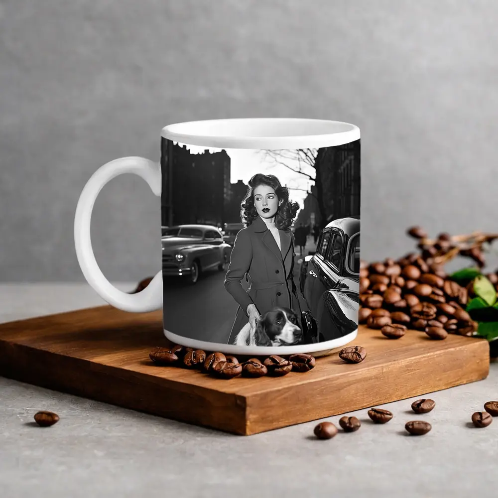 Elegant Woman Dog City Street Retro – Mugs