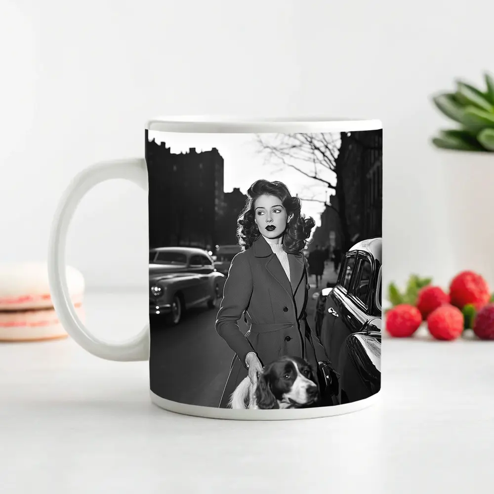 Elegant Woman Dog City Street Retro – Mugs