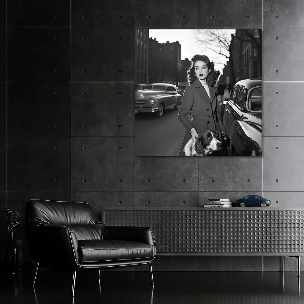 Elegant Woman Dog City Street Retro – Wall Art