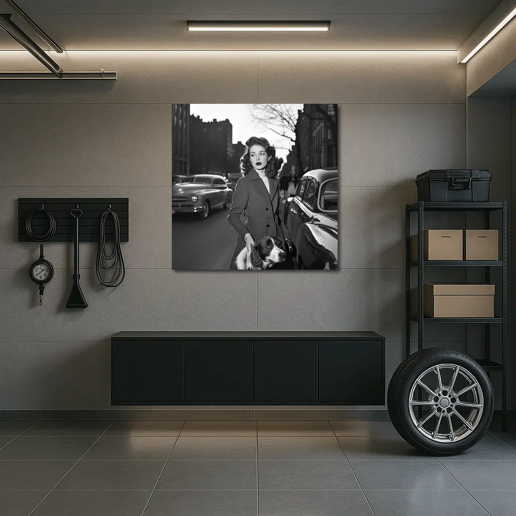 Elegant Woman Dog City Street Retro – Wall Art