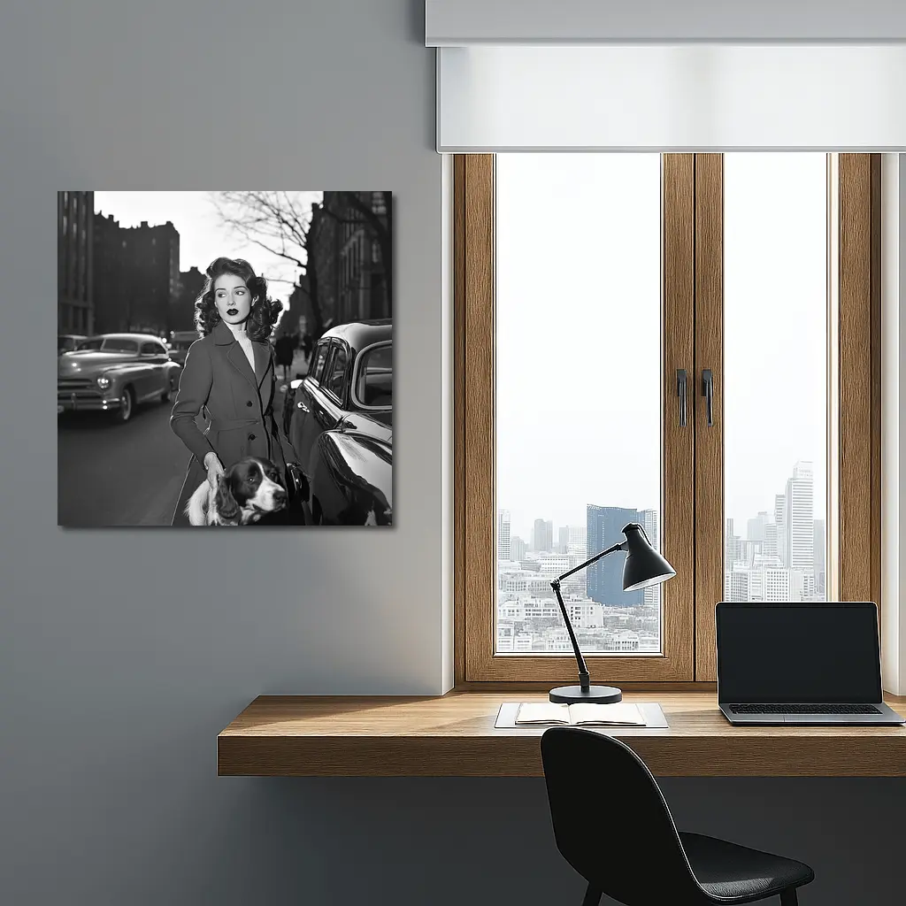Elegant Woman Dog City Street Retro – Wall Art