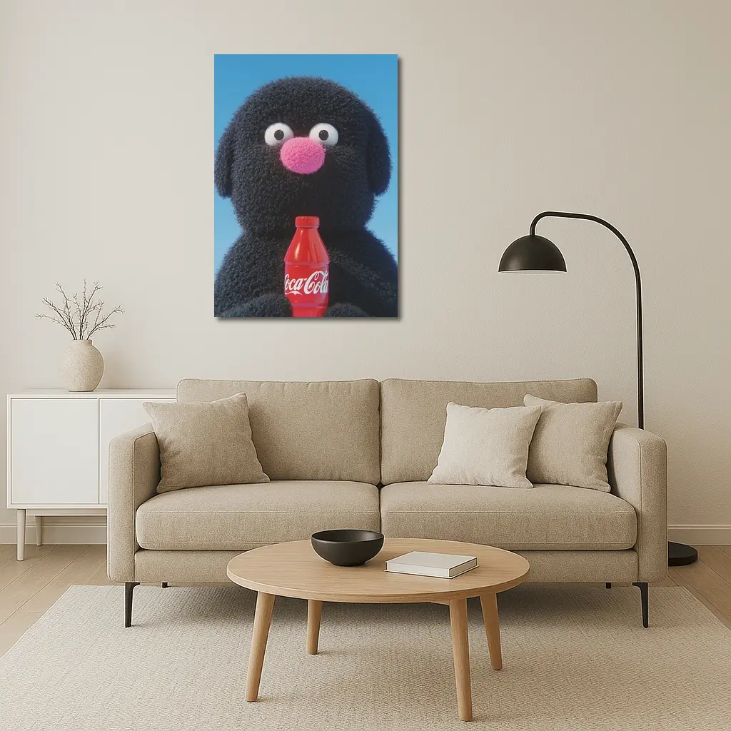 Fluffy Black Puppet Holding Coca Cola Bottle – Wall Art