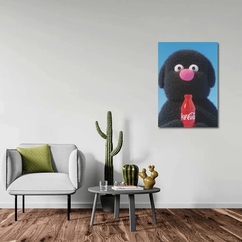 Fluffy Black Puppet Holding Coca Cola Bottle – Wall Art