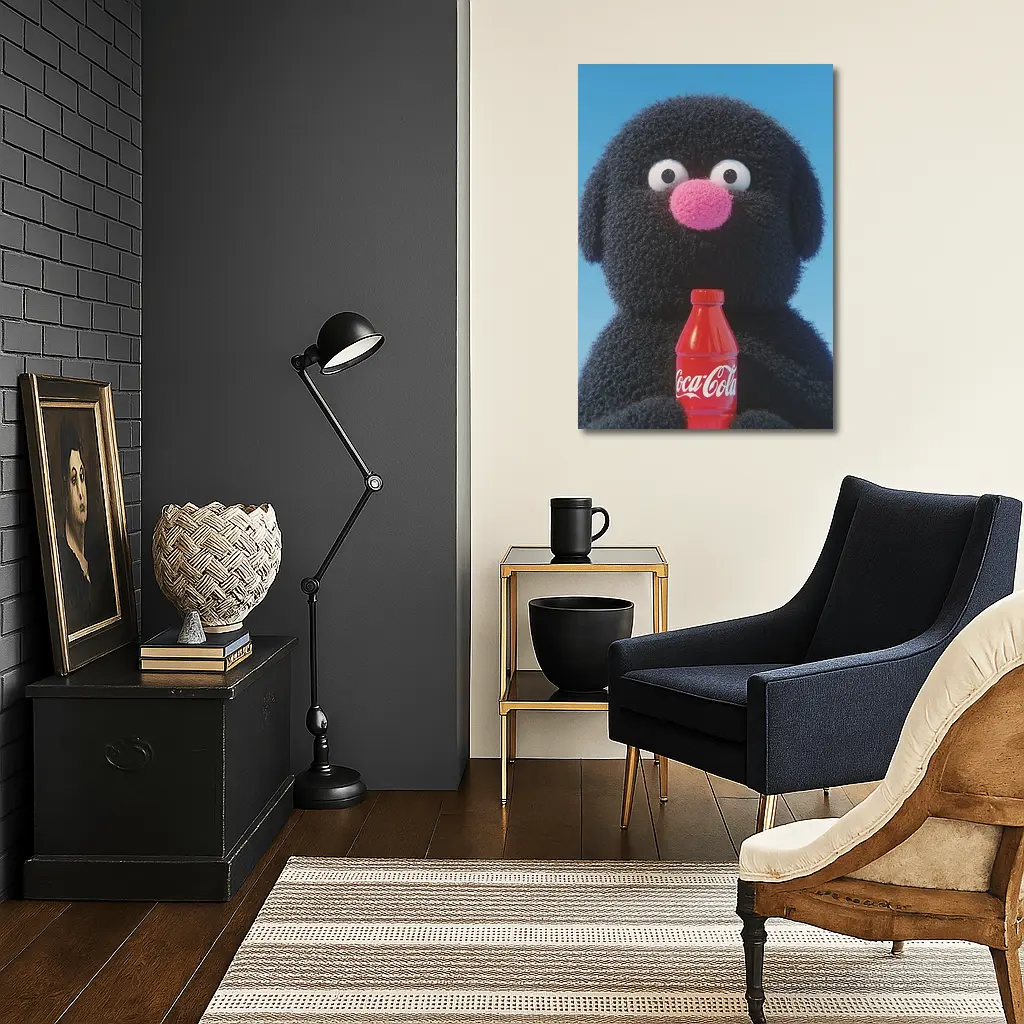 Fluffy Black Puppet Holding Coca Cola Bottle – Wall Art