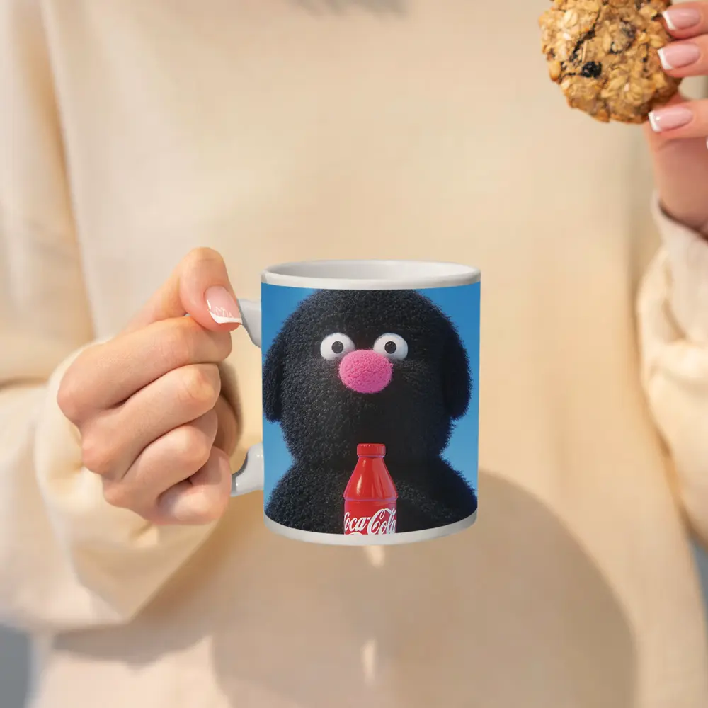 Fluffy Black Puppet Holding Coca Cola Bottle – Mugs