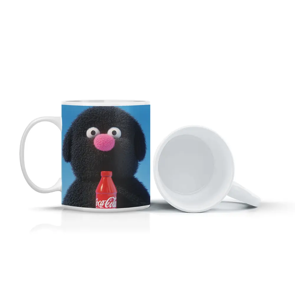 Fluffy Black Puppet Holding Coca Cola Bottle – Mugs