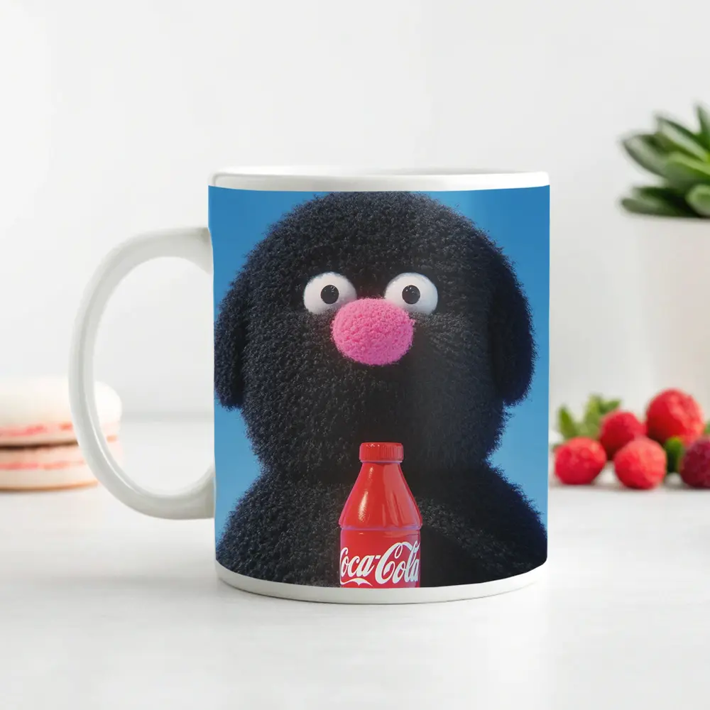 Fluffy Black Puppet Holding Coca Cola Bottle – Mugs