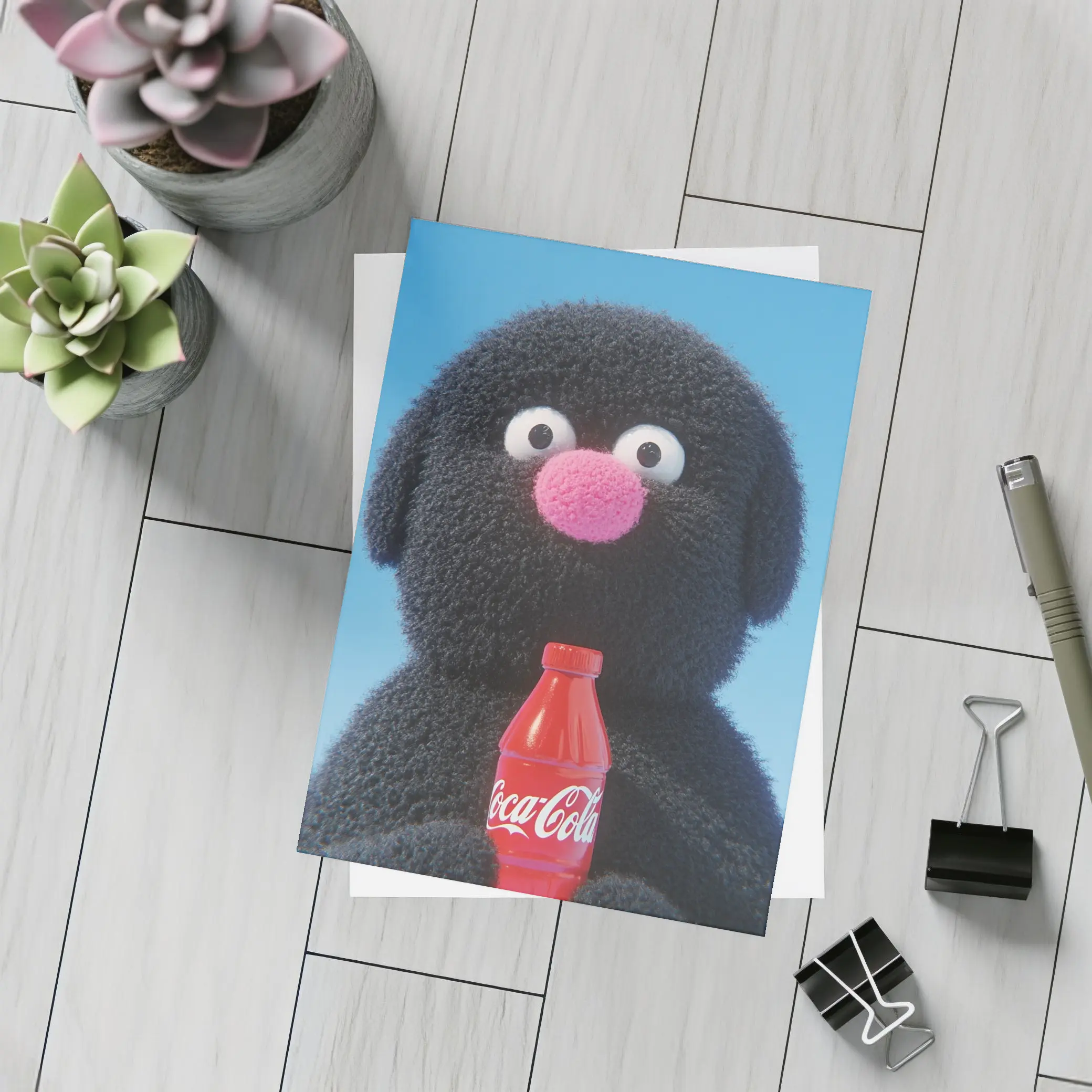 Fluffy Black Puppet Holding Coca Cola Bottle – Postcards