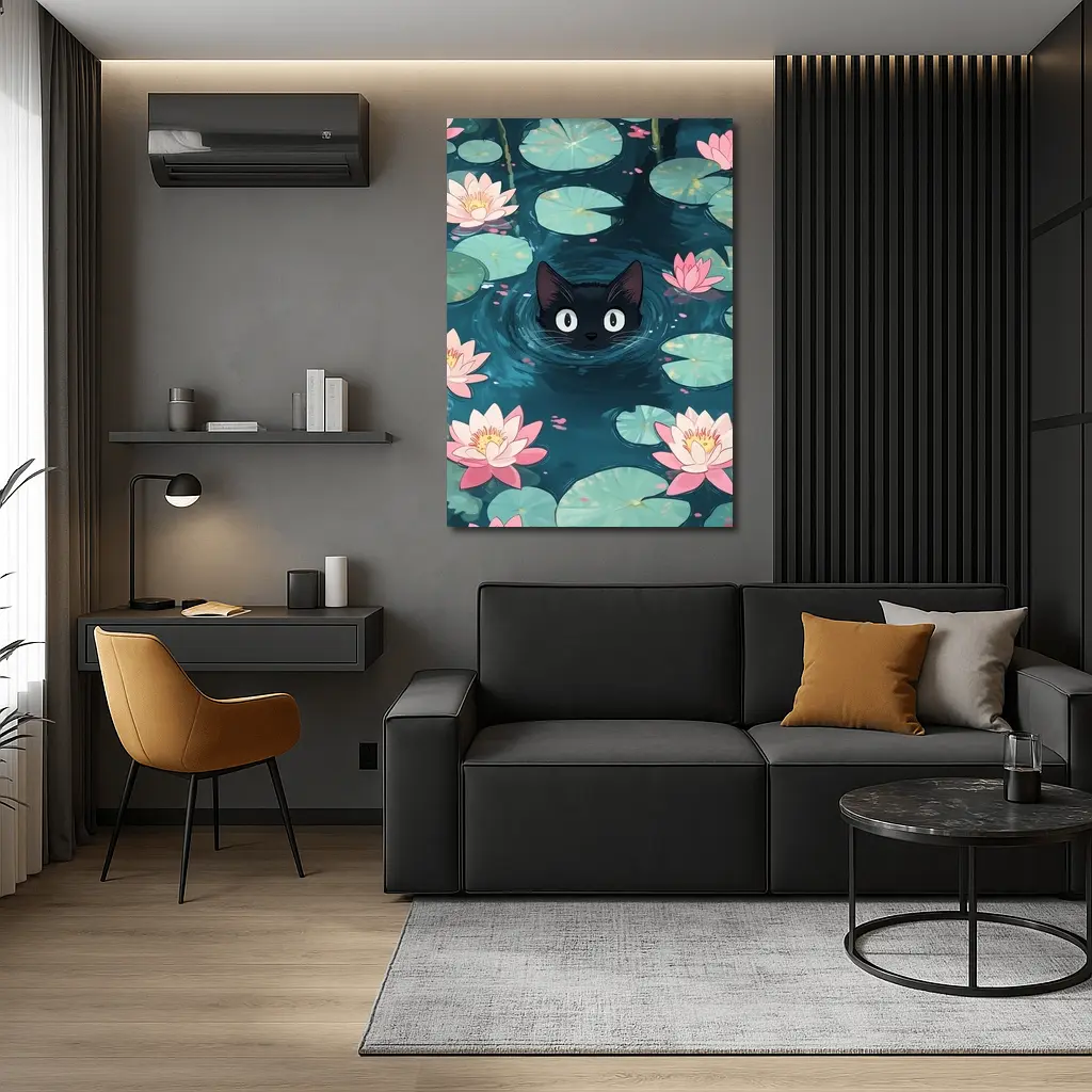 Black Cat Swimming Among Pink Water Lilies – Wall Art