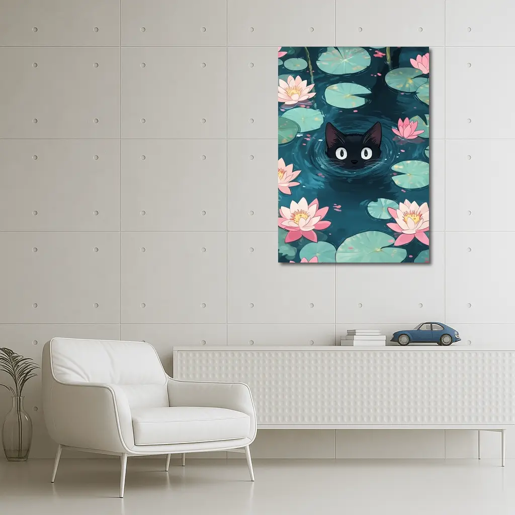 Black Cat Swimming Among Pink Water Lilies – Wall Art