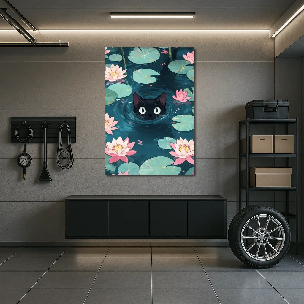 Black Cat Swimming Among Pink Water Lilies – Wall Art