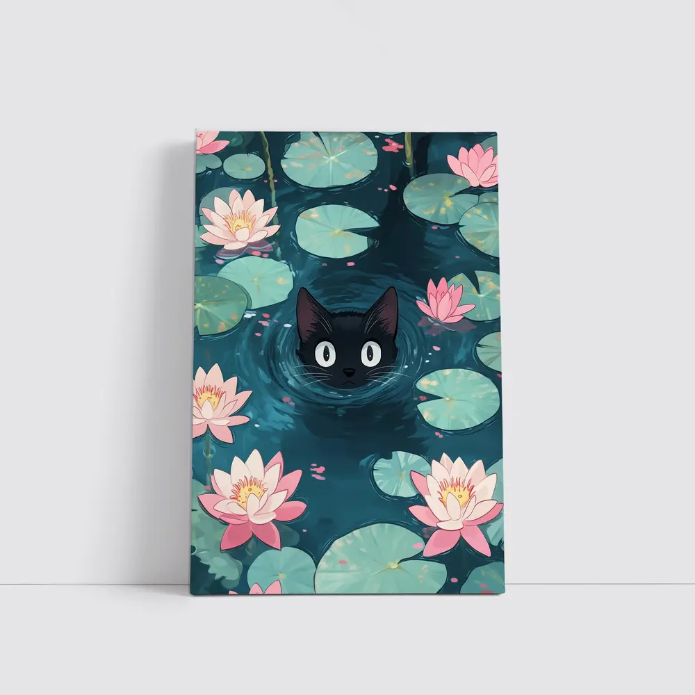 Black Cat Swimming Among Pink Water Lilies – Wall Art
