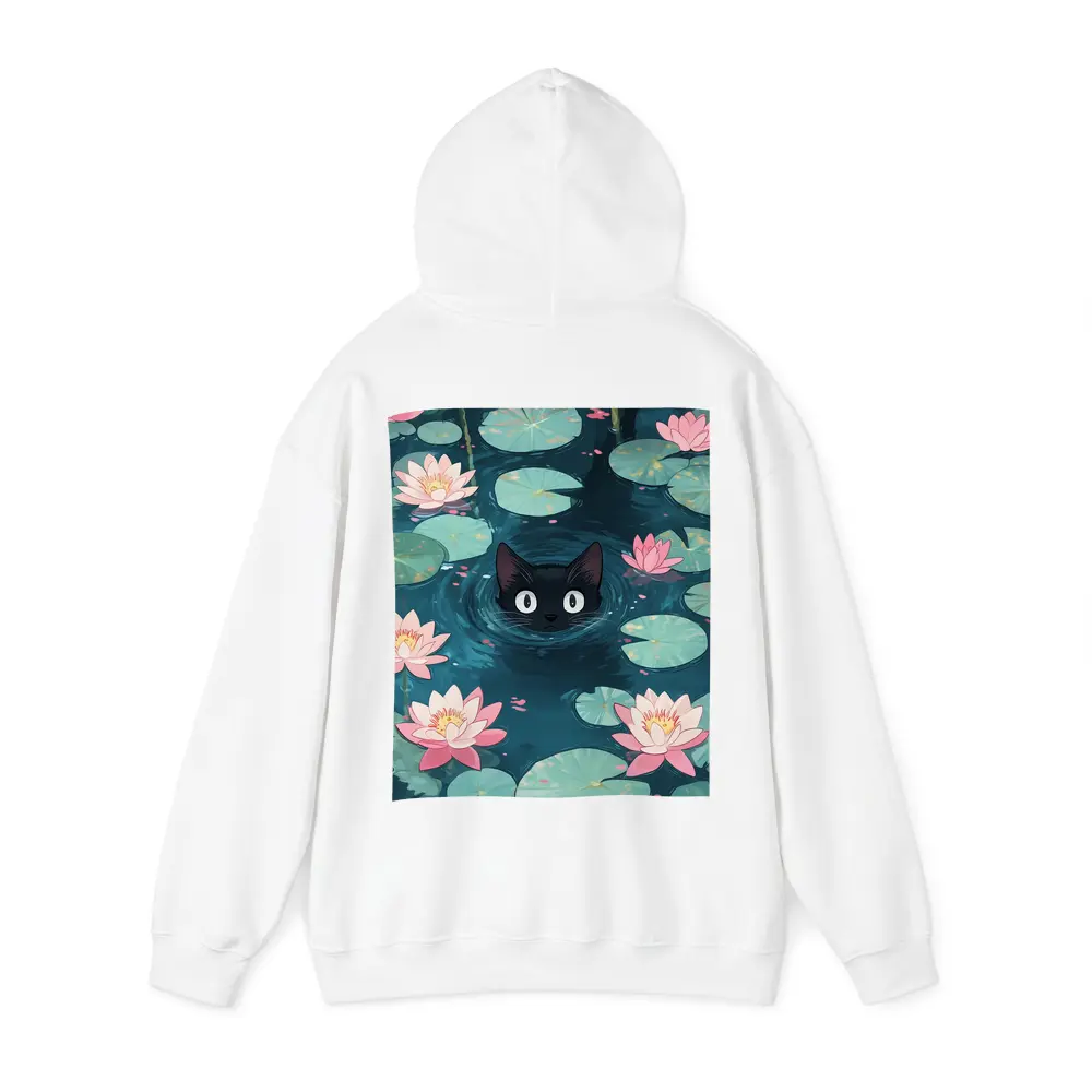 Black Cat Swimming Among Pink Water Lilies – Hoodies