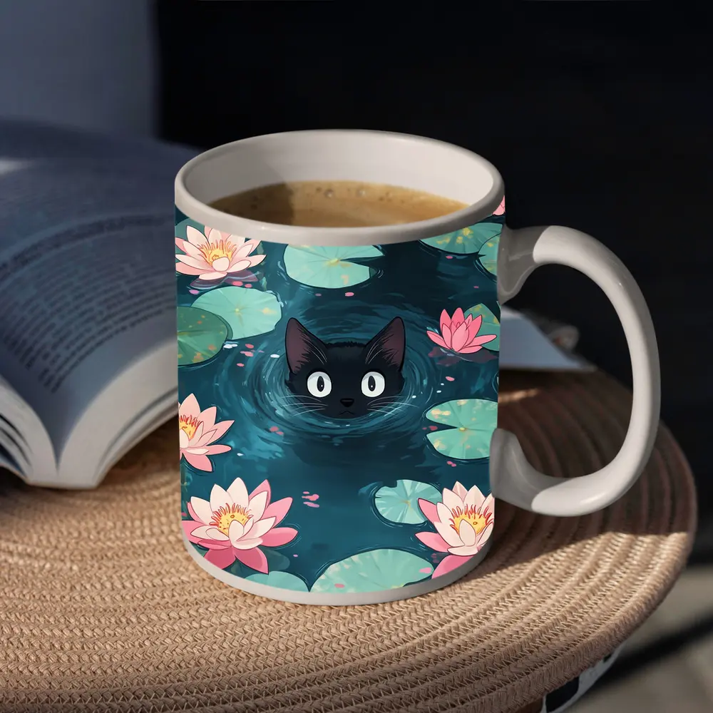 Black Cat Swimming Among Pink Water Lilies – Mugs