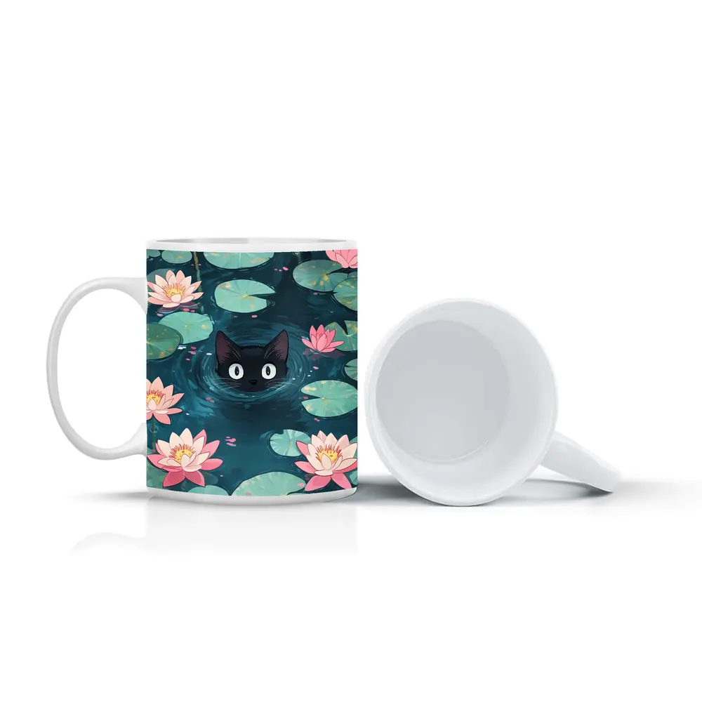 Black Cat Swimming Among Pink Water Lilies – Mugs