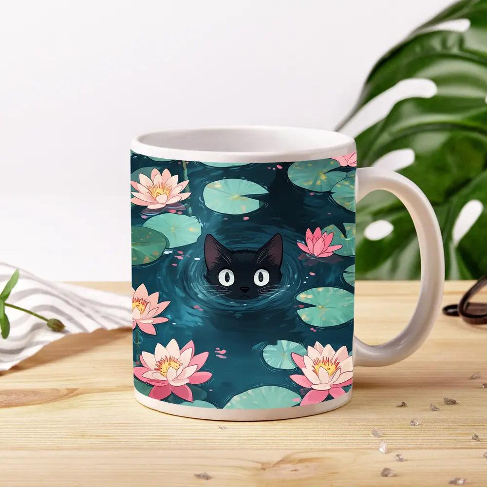 Black Cat Swimming Among Pink Water Lilies – Mugs