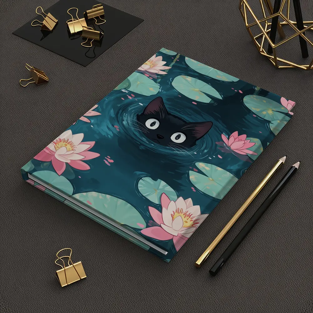 Black Cat Swimming Among Pink Water Lilies – Notebooks