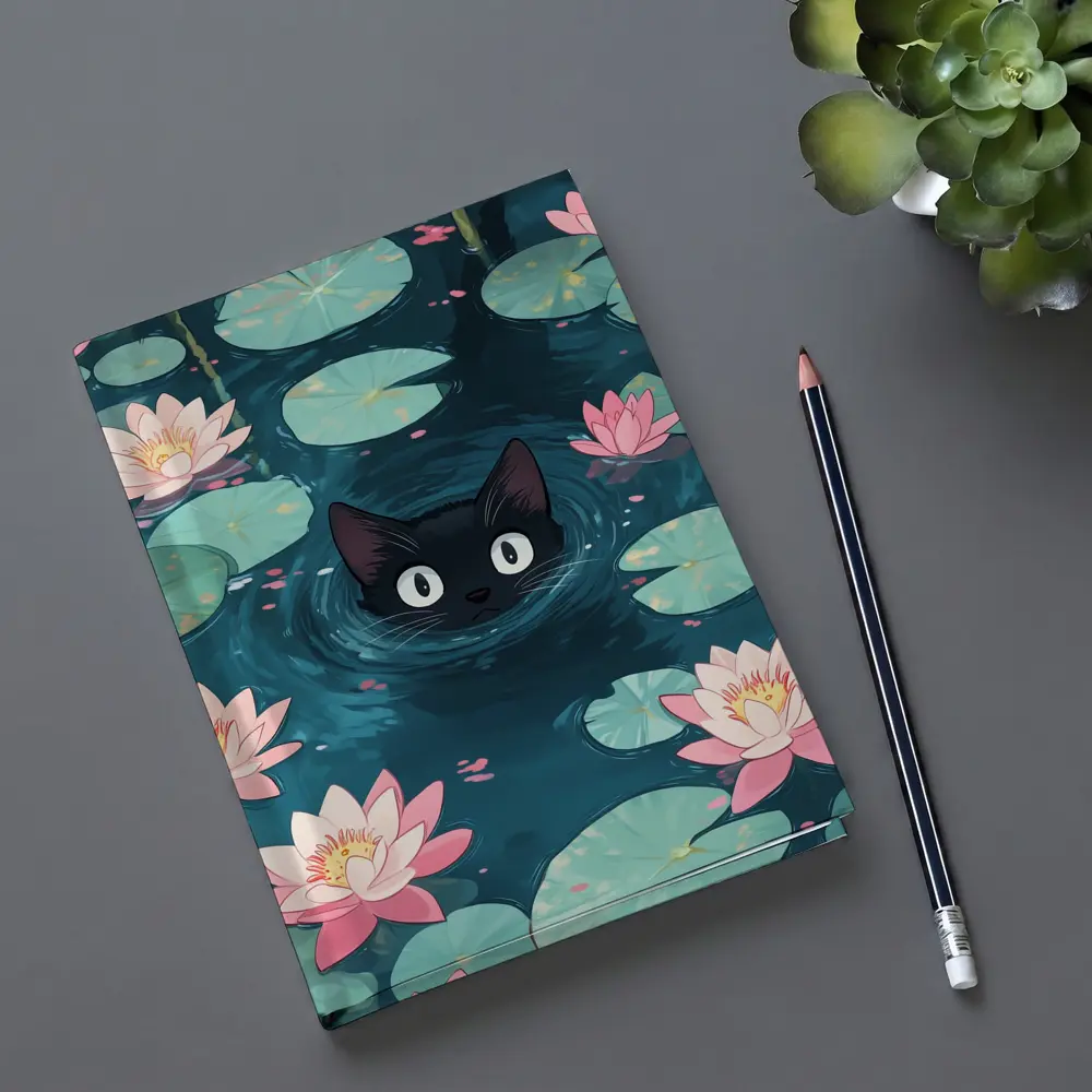 Black Cat Swimming Among Pink Water Lilies – Notebooks