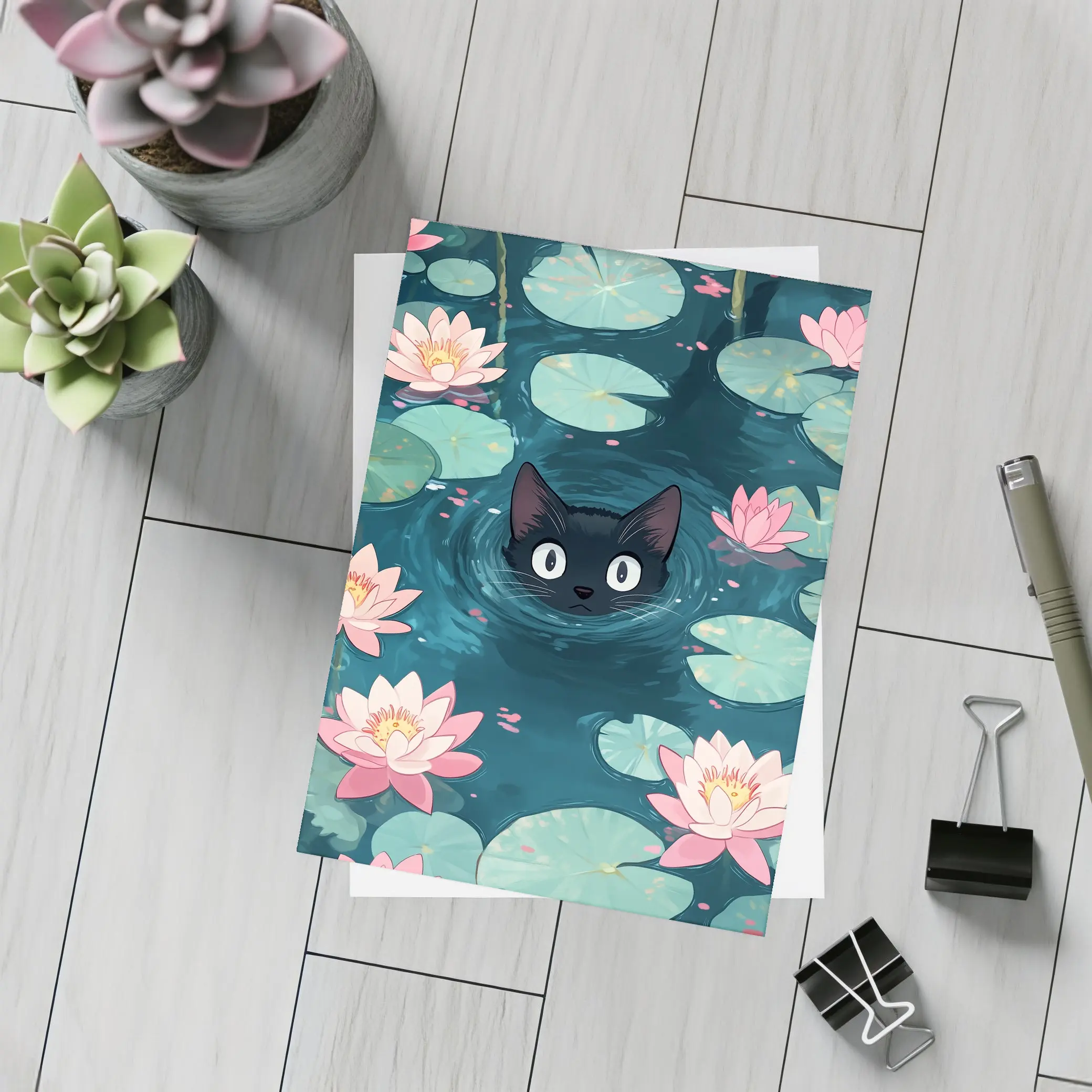 Black Cat Swimming Among Pink Water Lilies – Postcards