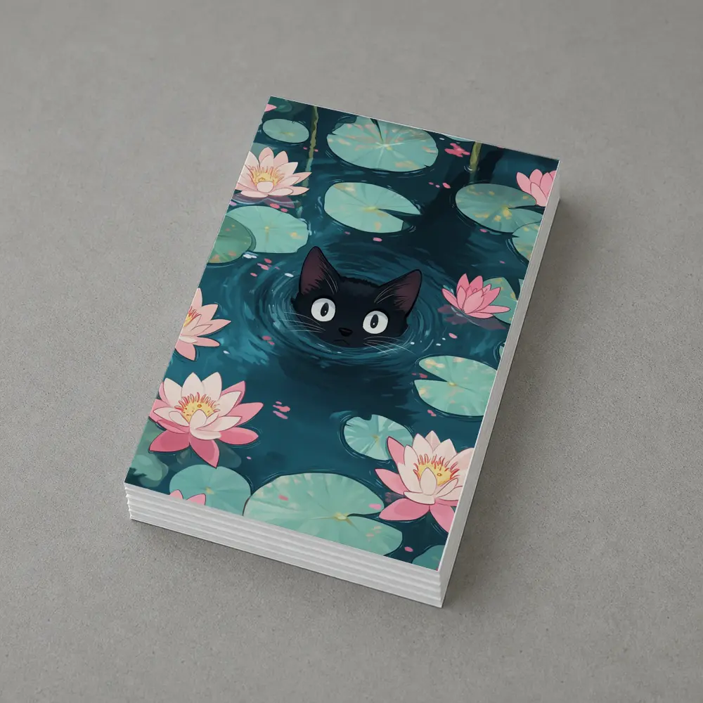 Black Cat Swimming Among Pink Water Lilies – Postcards