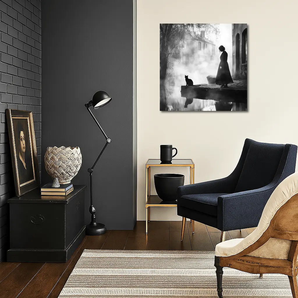 Woman and Black Cat Misty Street Scene – Wall Art