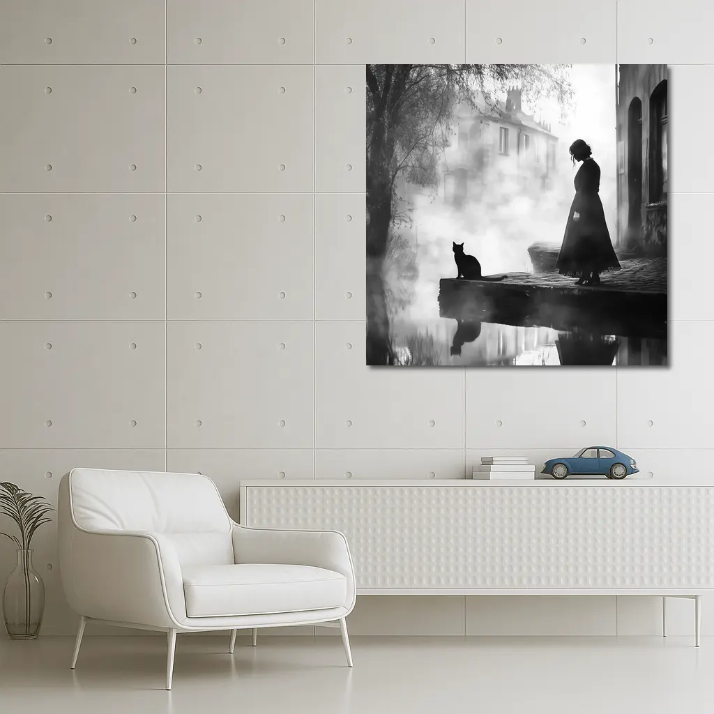 Woman and Black Cat Misty Street Scene – Wall Art