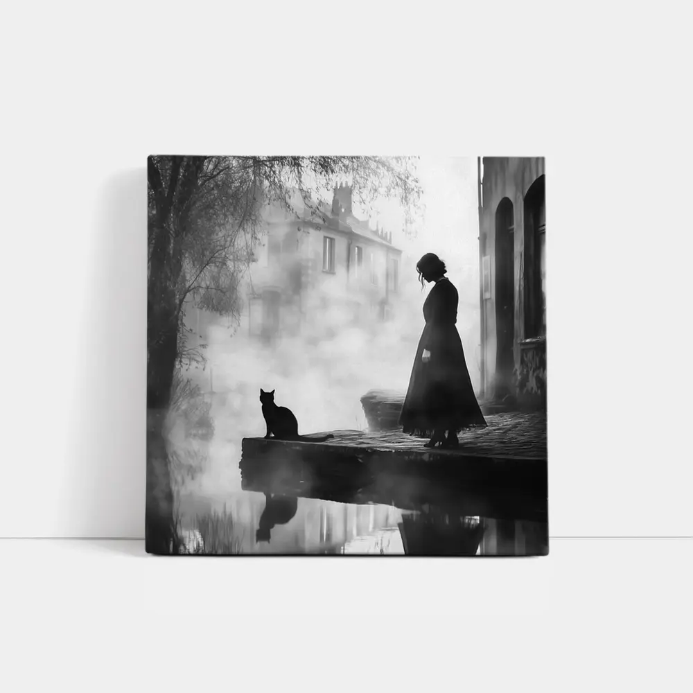 Woman and Black Cat Misty Street Scene – Wall Art