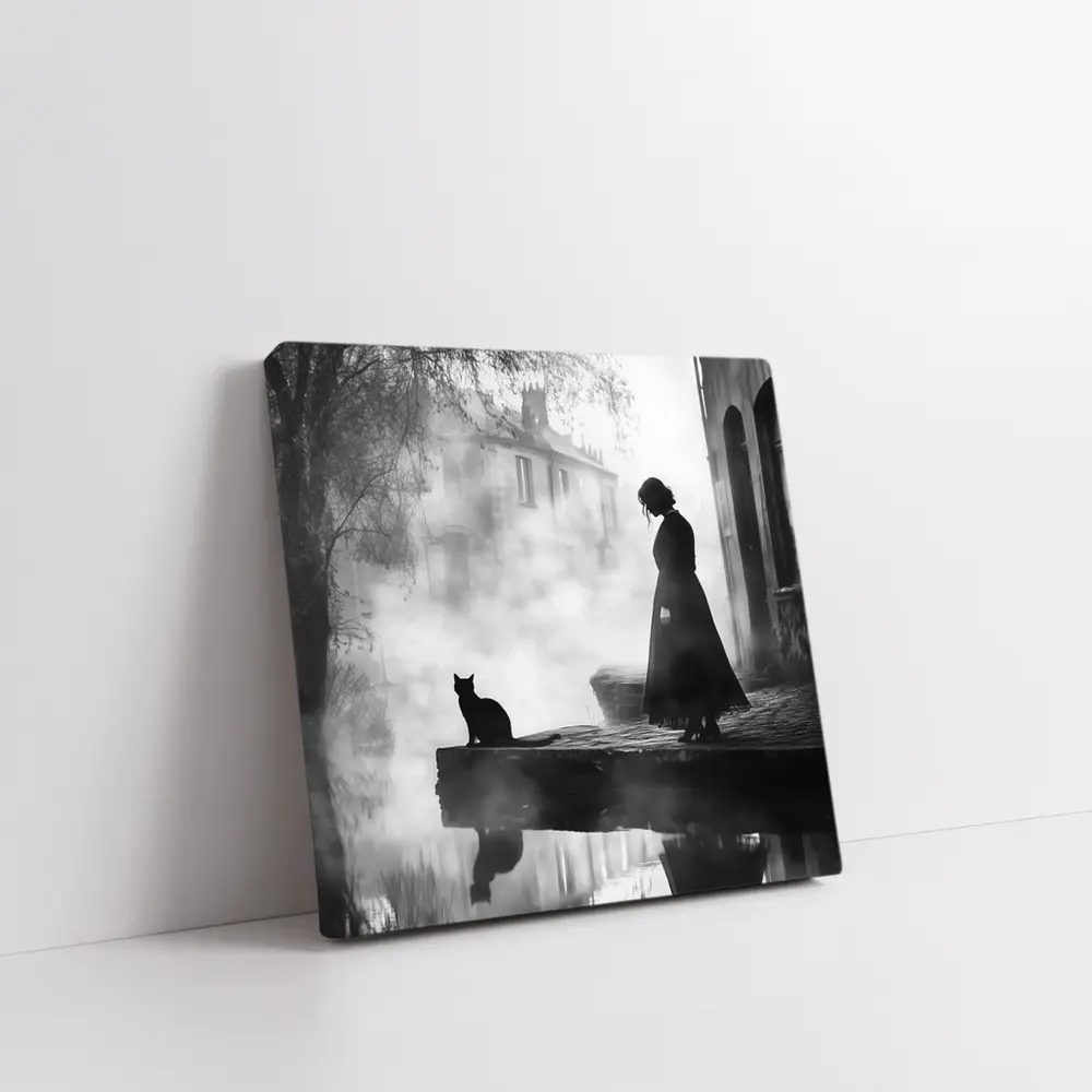 Woman and Black Cat Misty Street Scene – Wall Art