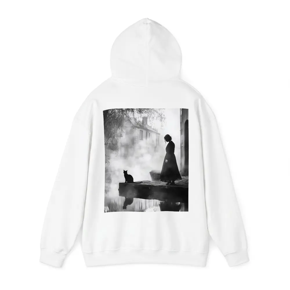 Woman and Black Cat Misty Street Scene – Hoodies