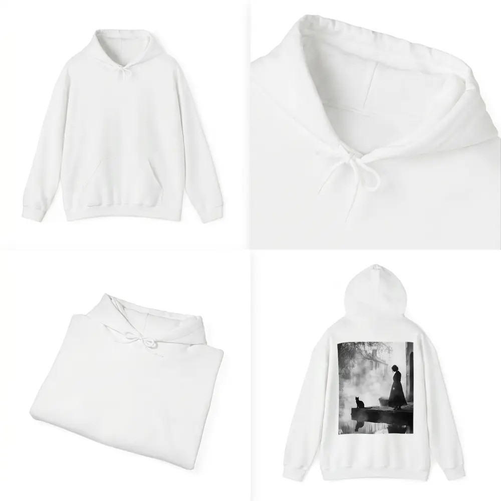 Woman and Black Cat Misty Street Scene – Hoodies