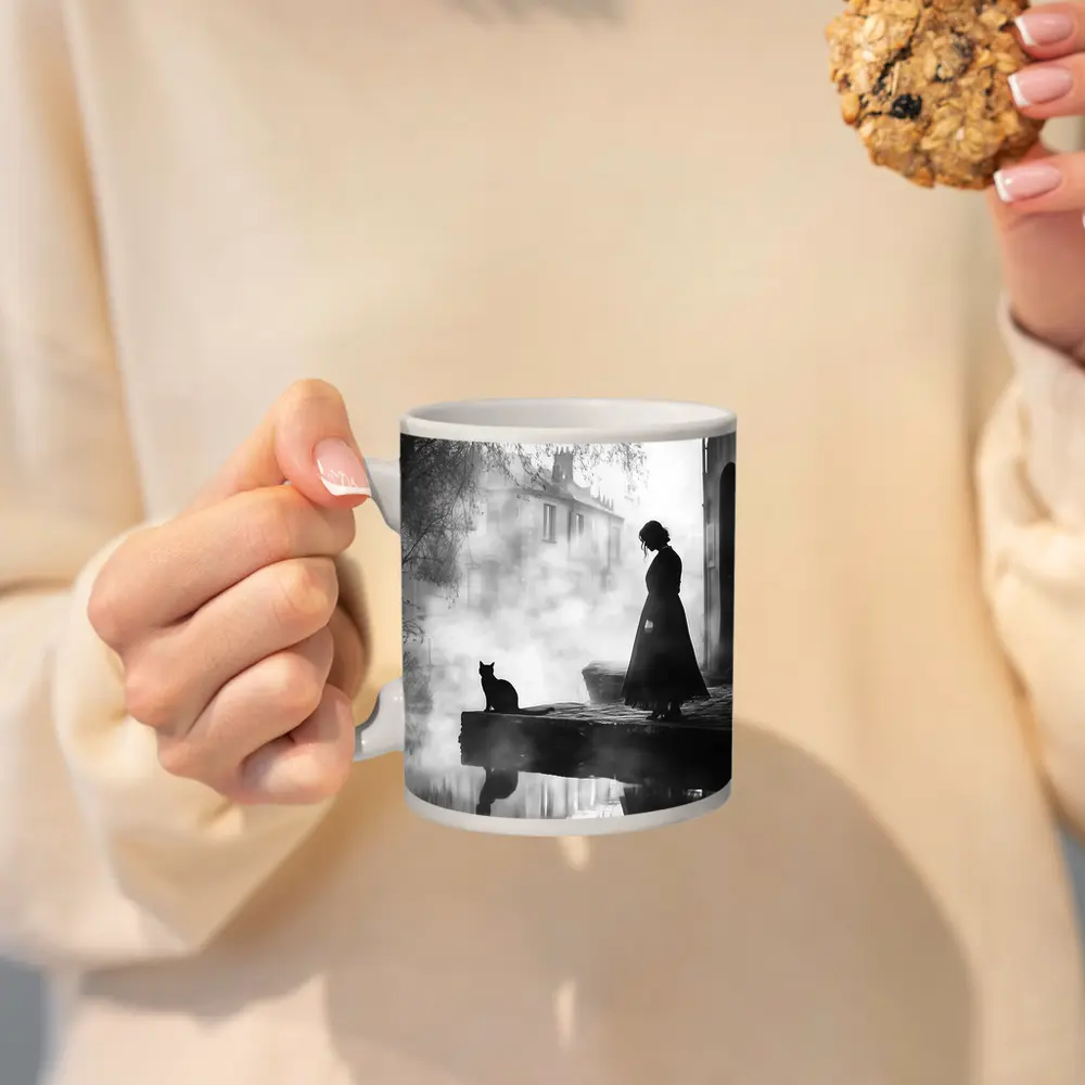 Woman and Black Cat Misty Street Scene – Mugs