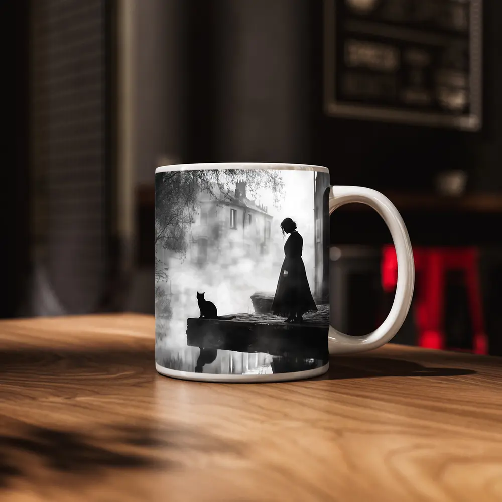 Woman and Black Cat Misty Street Scene – Mugs