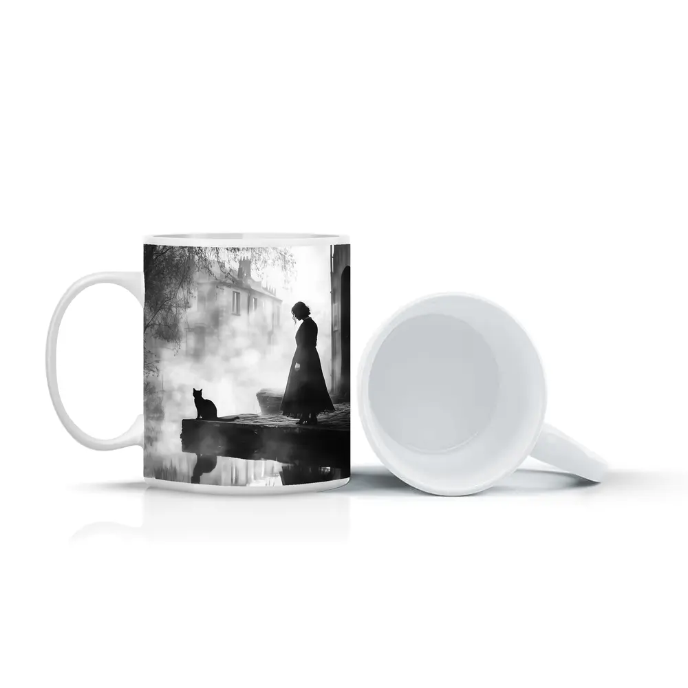 Woman and Black Cat Misty Street Scene – Mugs