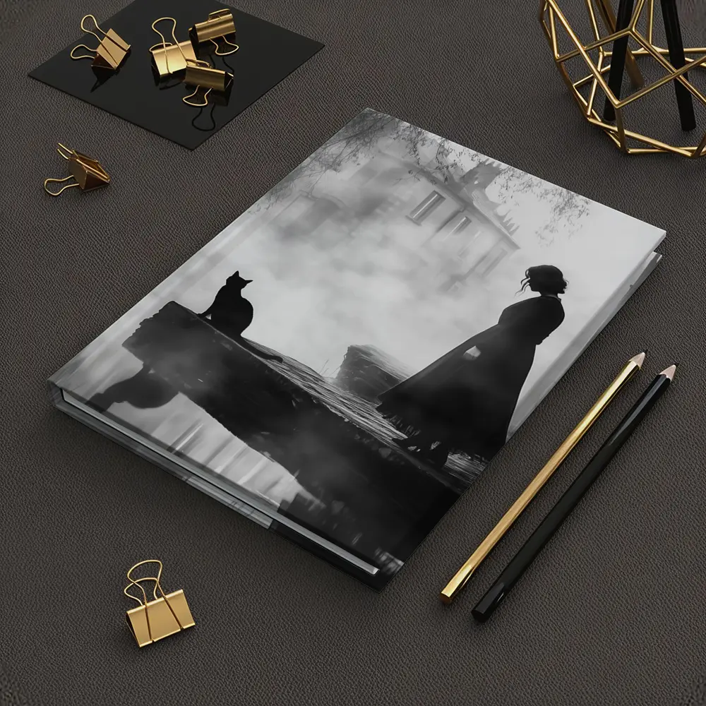 Woman and Black Cat Misty Street Scene – Notebooks