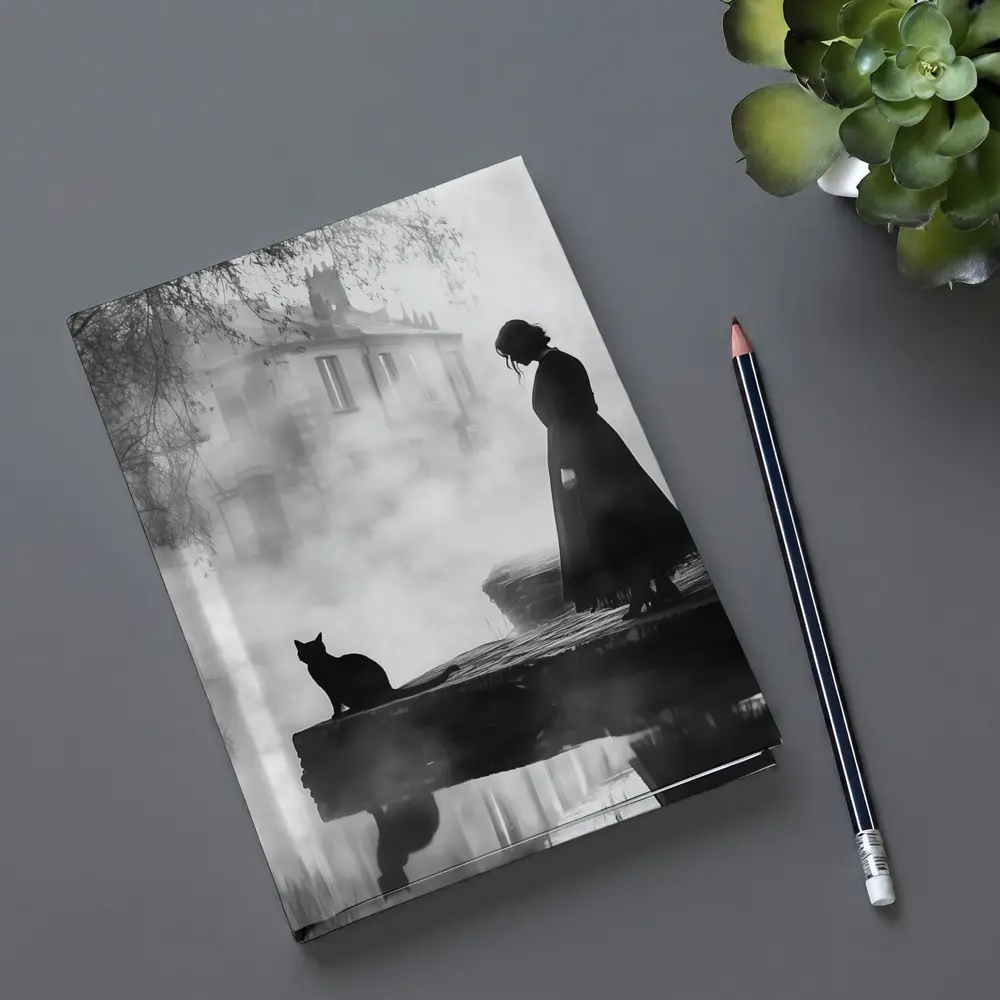 Woman and Black Cat Misty Street Scene – Notebooks