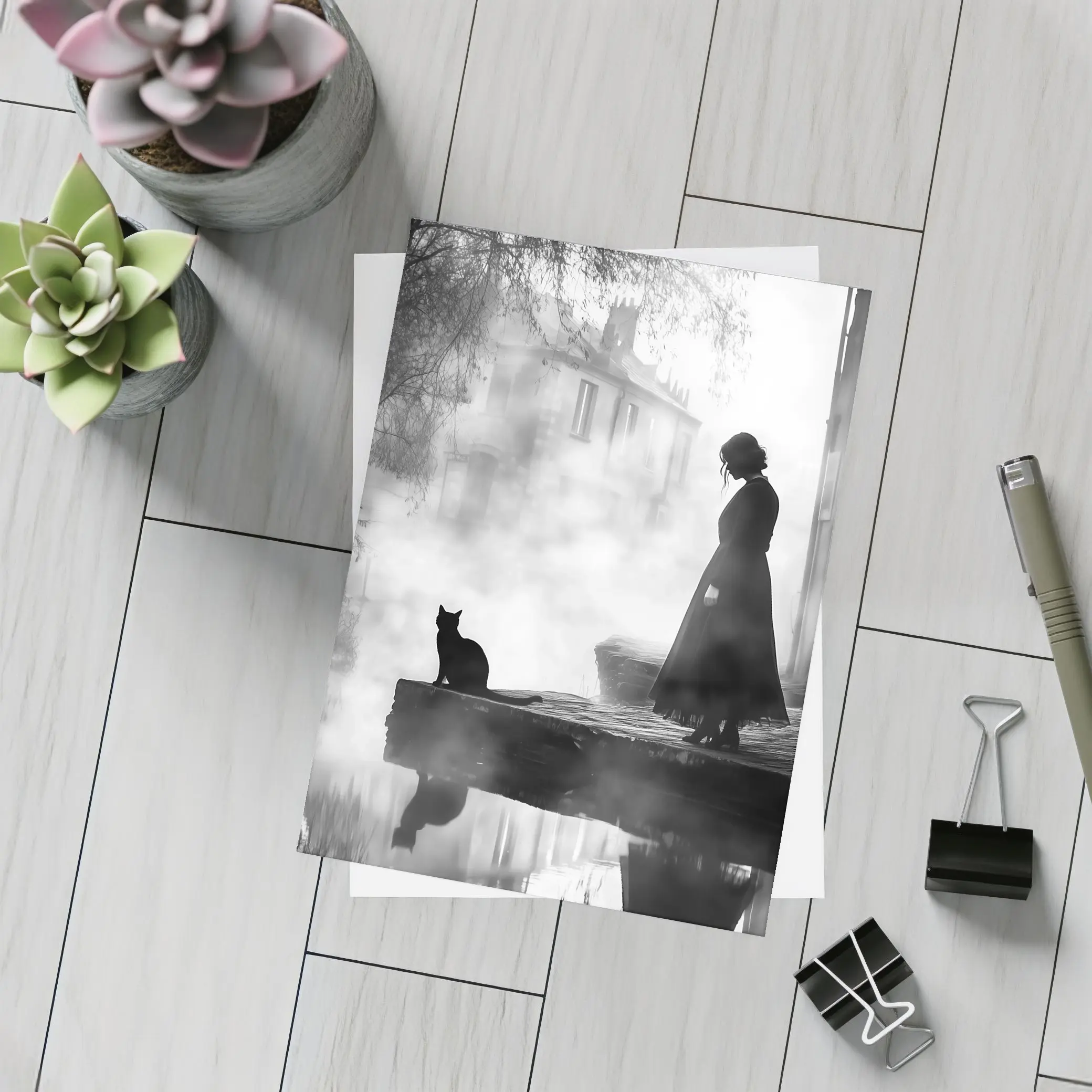 Woman and Black Cat Misty Street Scene – Postcards