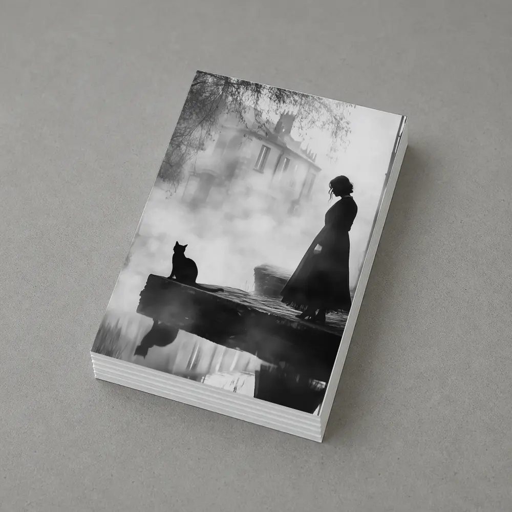 Woman and Black Cat Misty Street Scene – Postcards