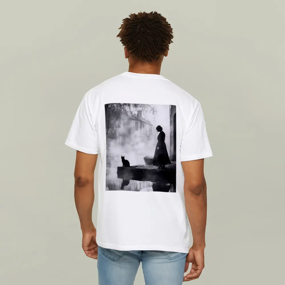 Woman and Black Cat Misty Street Scene – T-Shirts