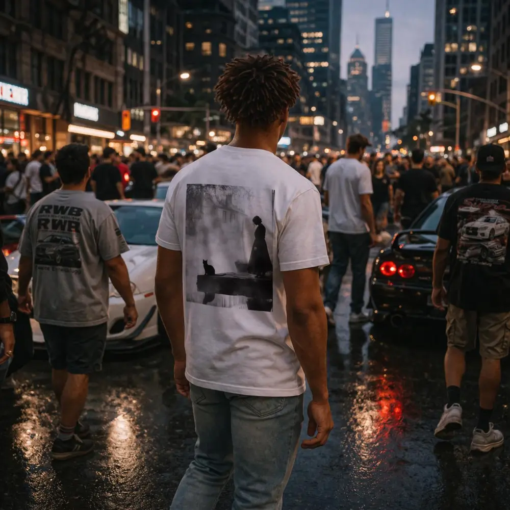 Woman and Black Cat Misty Street Scene – T-Shirts