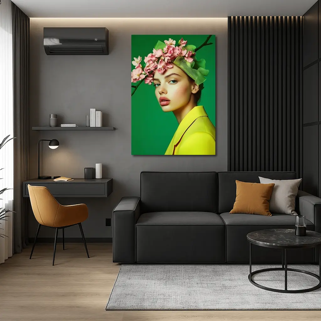 Woman Pink Blossom Crown Yellow Jacket Green – Wall Art
