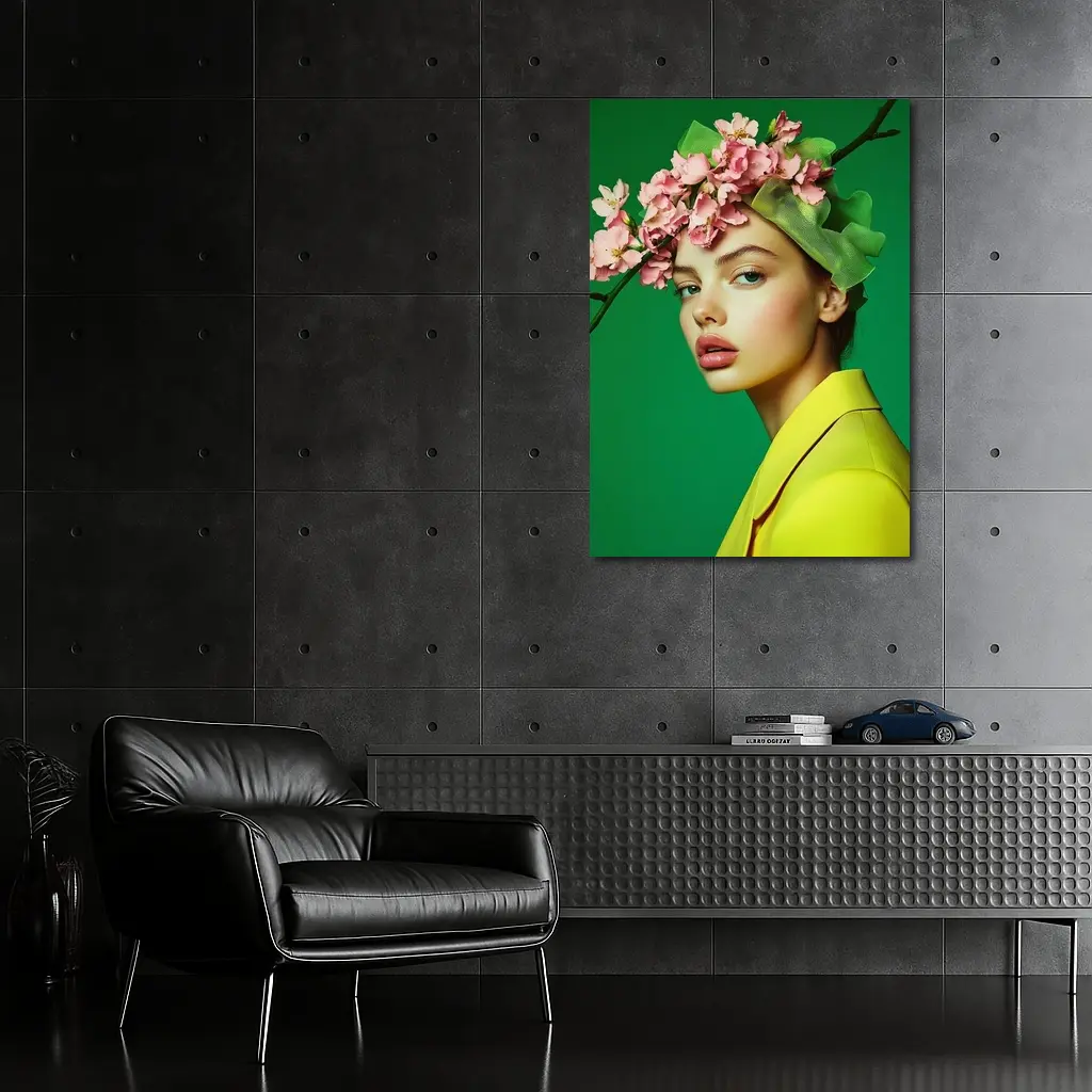 Woman Pink Blossom Crown Yellow Jacket Green – Wall Art