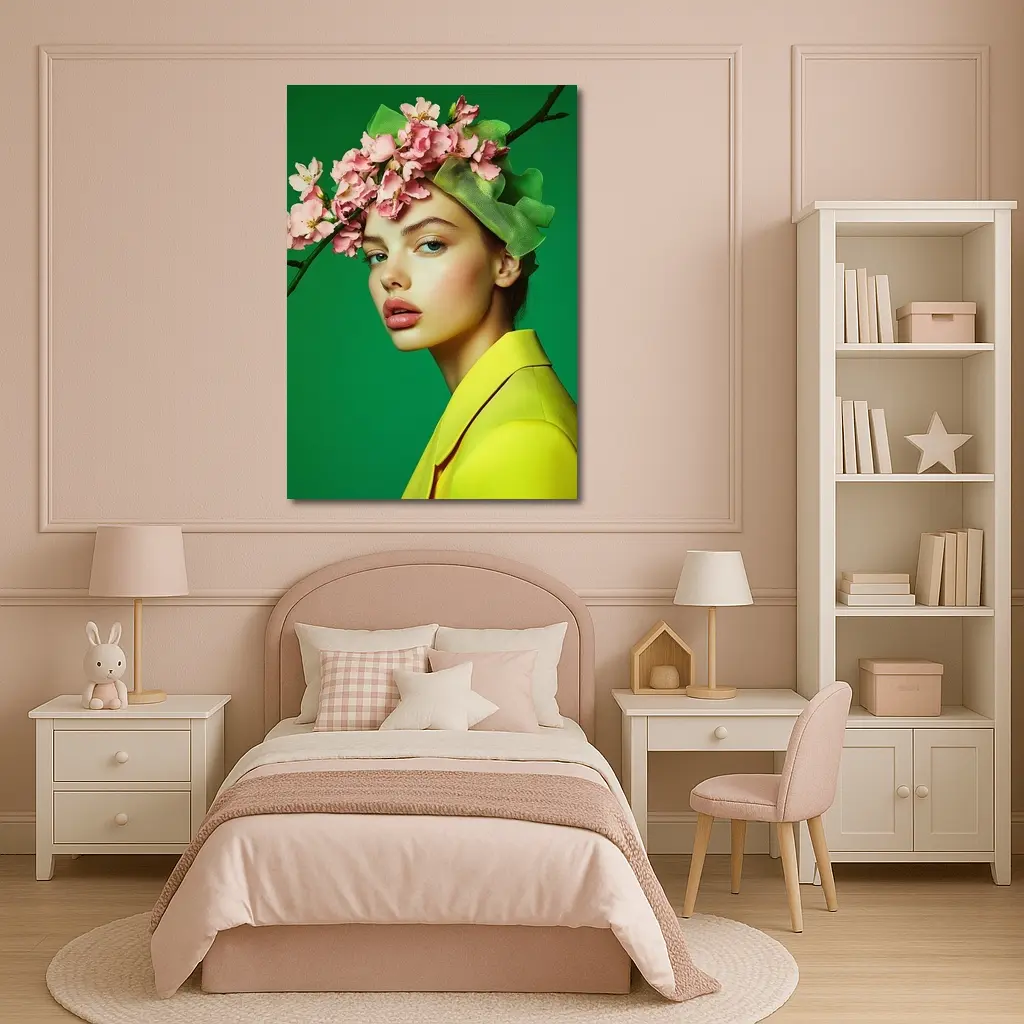 Woman Pink Blossom Crown Yellow Jacket Green – Wall Art