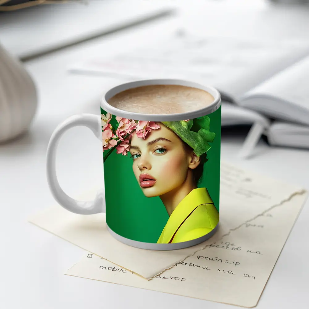 Woman Pink Blossom Crown Yellow Jacket Green – Mugs