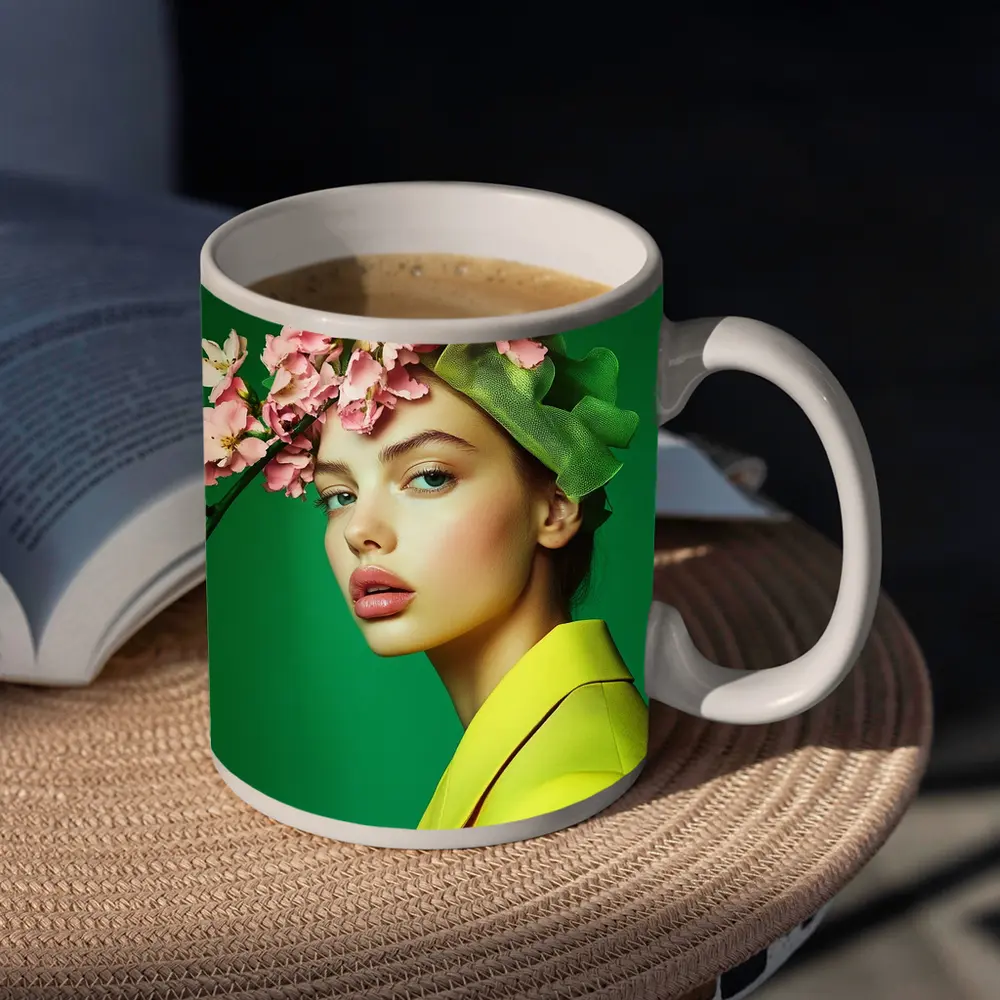 Woman Pink Blossom Crown Yellow Jacket Green – Mugs