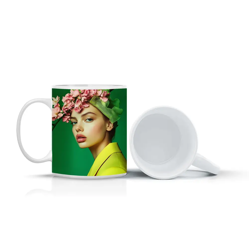 Woman Pink Blossom Crown Yellow Jacket Green – Mugs