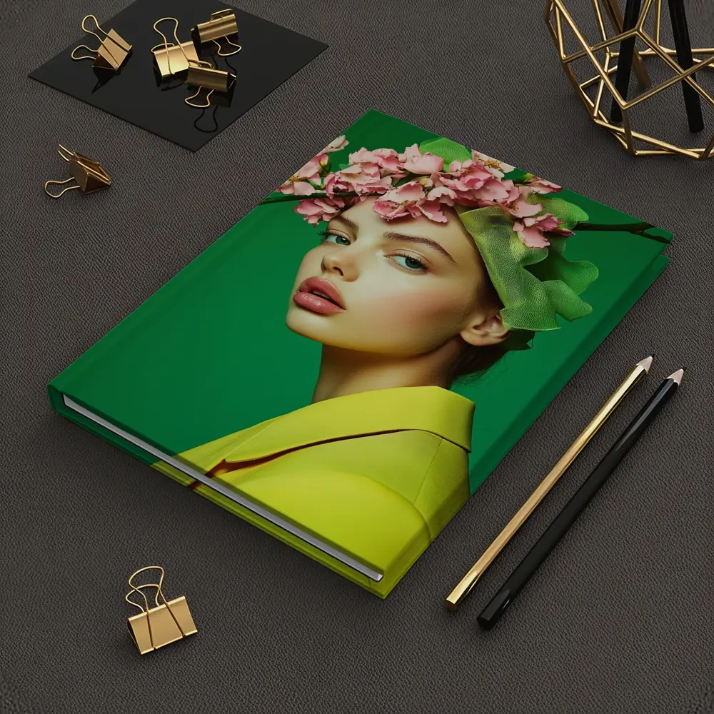 Woman Pink Blossom Crown Yellow Jacket Green – Notebooks