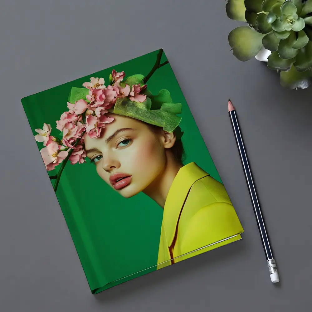 Woman Pink Blossom Crown Yellow Jacket Green – Notebooks